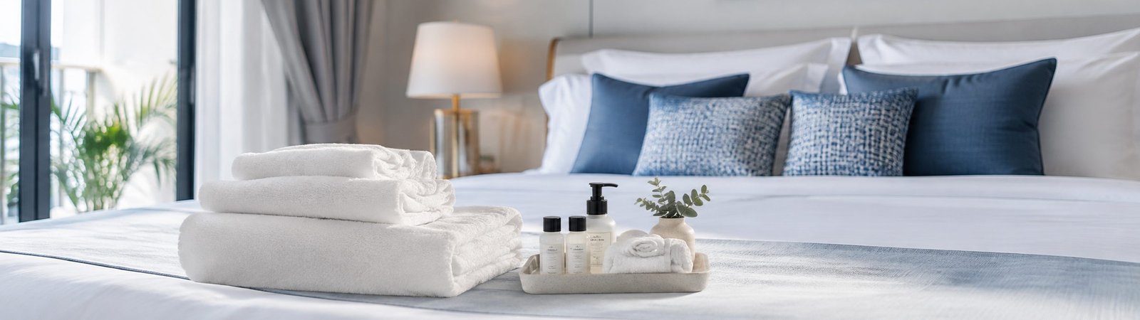 Letto in affitto breve rifatto con biancheria pulita e kit di benvenuto in primo piano